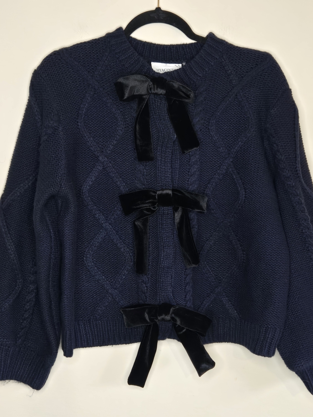 Hyacinth House Cable Knit Velvet Bow Cardigan Sweater Coquette Cozy Feminine